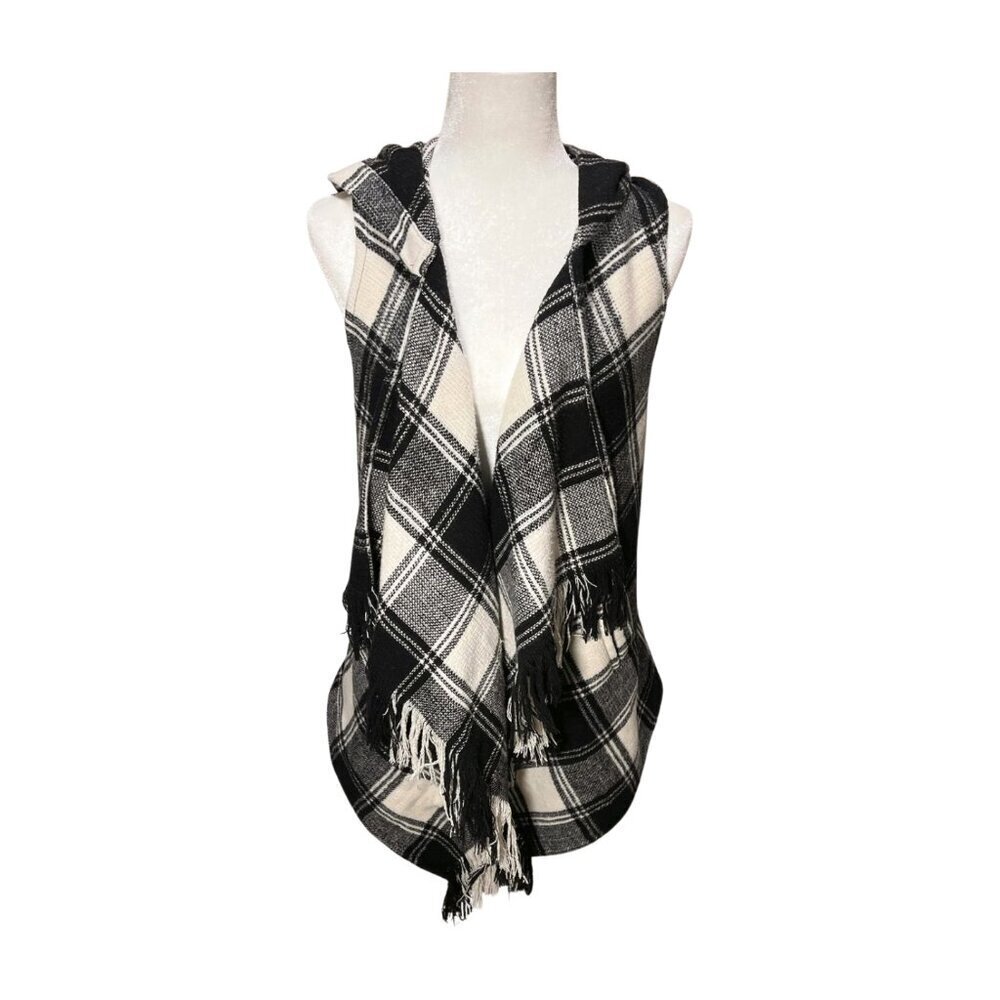 Altar'd State Black Cream Plaid Waterfall Hooded Vest Fringe Small